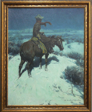 A transplanted painter from Maine, New Mexico artist W. Herbert "Buck†Dunton always wore cowboy outfits and created nostalgic views of Western life. He bucked the tradition of gender roles in "The Lonely Vigil,†circa 1913, which features a woman enduring harsh winter conditions as she rides alone through the snow. Courtesy of David Zacharias.