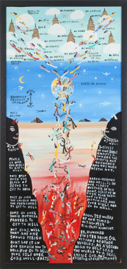 "Shortest Message Up.Or.Down,†1987, is one of Finster's "Sermons in Paint,†with figures rising to heaven or descending to hell, depending on how they have lived their lives. It is 39½ by 18½ inches. Courtesy of the Arient family collection.