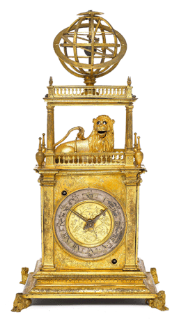 This early Seventeenth Century gilt brass automata lion clock, which moves its eyes in time with the seconds and roars a chime every hour, sold for $180,000. Made in France, the clock features both an armillary sphere and automata combination.