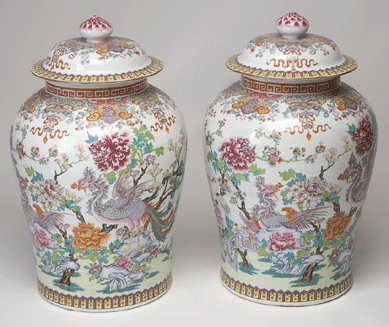 A pair of large French Chinese-style palace urns realized $13,800.