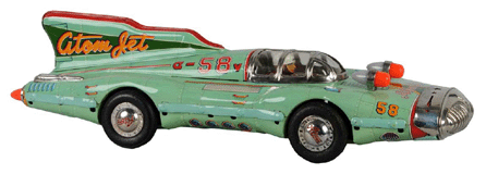 An Atom Jet tin friction race car, Japanese, 25½ inches long and with all original parts intact, raced to $15,500. 