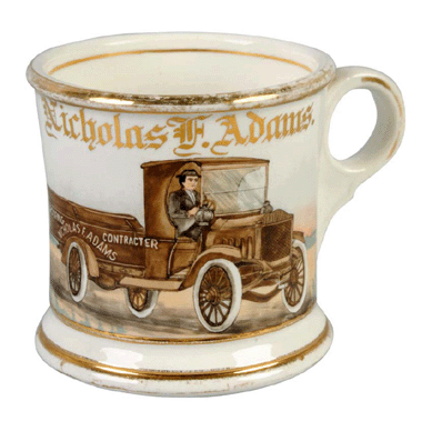 An occupational shaving mug depicting a roofing contractor in his truck scaled to $16,100.