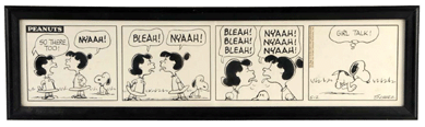 Original art from Charles Schulz's Peanuts comic strip, dated "5-2-1967,†went out at $15,000. 