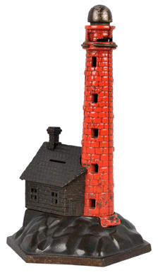 A painted cast iron lighthouse mechanical bank, 10½ inches tall, working and all original, garnered $11,000. 