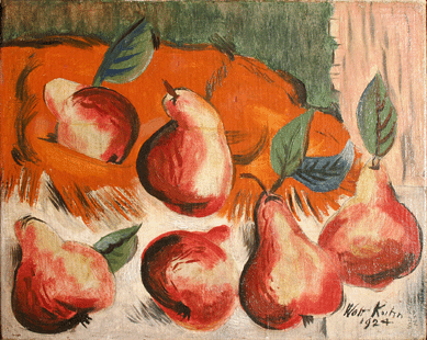Walt Kuhn, an American Modernist who helped organize the Armory Show of 1913, was influenced by the avant-garde work of Cezanne, Derain, Dufy, Matisse and the Cubists. Particularly inspired by Cezanne, he experimented with thick outlines and block colors in works like "Dancing Pears,†1924.