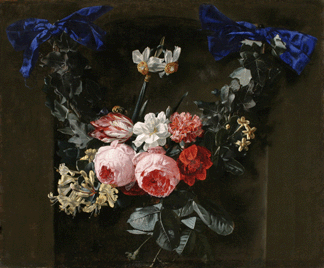 This beautiful rendering of Dutch flowers in a festive and appealing composition is by a Flemish Jesuit priest, Daniel Seghers. "A Garland of Pink Roses, A Tulip, A Pink Carnation, Narcissi and Other Flowers with Blue Bows,†Seventeenth Century, was the kind of image Jesuit theologians hoped would encourage religious thought.