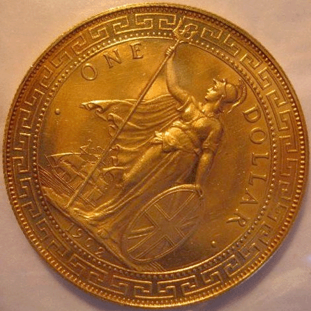 One of the three coins recovered, a British colonial proof trade dollar coin, 1902,  struck in gold.