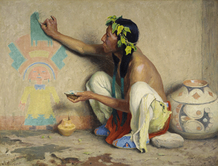 The auction's cover lot, a lyrical 36-by-46-inch oil painting by E.I. Couse (1866‱936) titled "Kachina Painter,†performed strongly at $753,000. 