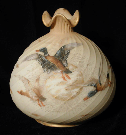 Crown Milano vase, Mount Washington Glass Co., New Bedford, Mass., circa 1895, blown opal glass with fired enamel "Guba Ducks†painted decoration; signed on underside with "CM†and crown mark, 7 5/8  inches tall. Tingley purchase fund, 1999.