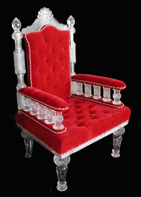 Armchair, maker unknown, Twentieth Century, cut glass; steel hardware and red upholstery in the style of a circa 1885 armchair by F. & C. Osler of Birmingham, England, made for the Indian market, 48 1/8  by 29½ inches. Purchase fund acquisition in memory of Delmas and Marie DesLandes, 2010.