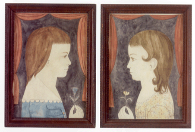 A pair of American watercolor on paper portraits of a boy and girl, each with pin-prick lace collars and holding a flower, one a thistle, 14 by 10 inches, in profile with red swagged drapery, went well over the $18,000 high estimate, selling for $59,000.