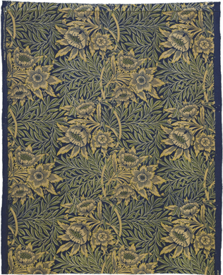British Arts and Crafts Movement leader William Morris used hand techniques and natural dyes in creating furnishing textiles like this Tulip and Window item. "The pattern on this woodblock-printed textile employs only two colors †blue from indigo and yellow from weld †against a white background,†notes curator Lee Talbot.