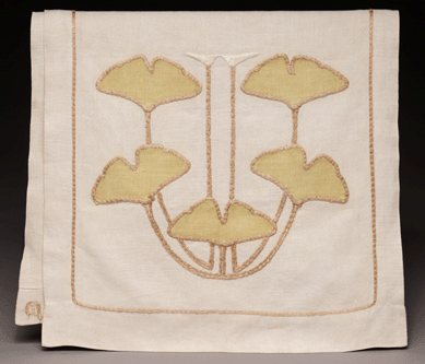 Stickley made Craftsman curtains, wall hangings and table scarves, such as this, designed around 1904, with simple, subtly tinted patterns. Here, a ginkgo design by Louise Shrimpton enhances the look of the 72-by-20-inch linen. Crab Tree Farm.