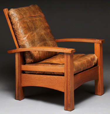 This comfortable oak reclining chair with leather upholstery, made around 1901‱902, reflects Stickley's debt to the designs of English Arts and Crafts leader William Morris, and his own commitment to well-designed and well-made furniture. When Stickley talked about "the strong-fibered sturdy oak†from which he fashioned furniture, he was also thinking about the moral fiber of the American people, says exhibition curator Kevin W. Tucker. Collection of Gregg G. Seibert.