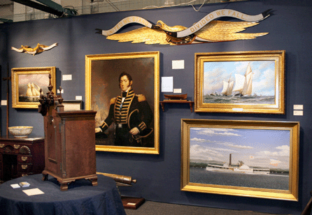 Quester Gallery, Rowayton, Conn., pulled out all the stops with top-notch American paintings, furniture and folk art. Ex-collection Brown University, the portrait of Commodore Oliver Hazard Perry is by Jane Stuart, youngest daughter of Gilbert Stuart. Above is a Bellamy eagle plaque with an 8-foot, 3-inch wingspan. Top right is "Yacht Dauntless in the America's Cup Trials of 1871†by Antonio Jacobsen. Below, James Bard's "Henry Smith†of 1867.