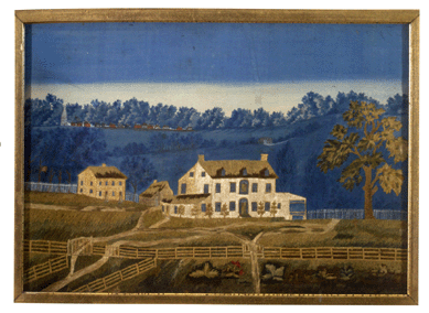 St Joseph's Academy, Emmitsburg, Md., is depicted in this silk needlework with watercolor, 1821, 16½ by 23 inches sight, in a wood frame, that realized $25,960.
