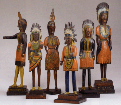 Six carved and painted countertop cigar store Indians, 17 to 21 inches in height, had a high estimate of $10,000 and sold for $20,060.