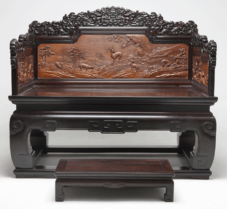 Throne with foot stool, zitan, cedar and lacquer; 43¼ by 50 by 31½ inches. Courtesy of the Palace Museum, Beijing. 