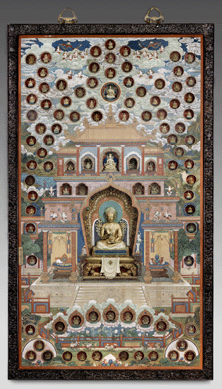 Hanging panel with niches; zitan, painted and gilt clay, colors on silk, 65½ by 36½ by 1½ inches. Courtesy of the Palace Museum, Beijing. 
