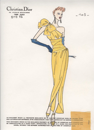 The croqui for the silk gazar evening dress, Mark Bohan for Christian Dior.