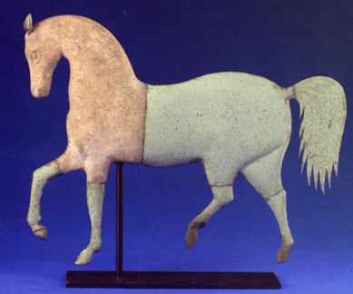 Among a selection of weathervanes was this American molded copper and zinc small Index horse, late Nineteenth Century, old verdigris, 14½ inches high, 18 inches long, the property of a Connecticut collector who acquired it in the 1980s. It realized $24,780.