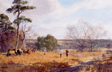 Ogden M. Pleissner's "Bird Hunting,†an 18-by-28-inch watercolor on paper of hunters in an autumnal landscape, sold to the phone for $63,720. It was one of 11 well-received lots of sporting art from a private Thomasville, Ga., collection.