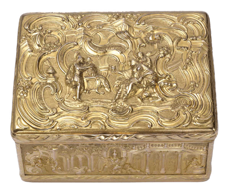 Allegorical repoussé gold snuffbox by George Fredrich Eckard (1733‱765), St Petersburg, circa 1750. By tradition, a personal gift from Empress Elizabeth I to her secret husband, Count Alexis Razumovsky. Eckard both designed and executed the Russian Imperial Crown. 