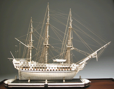 This prisoner of war ship's model of a 106-gun ship had a planked and pinned hull. This model was featured in John Rinaldi's 1986 book, The Lloyd Collection of Napoleonic Prisoner of War Artifacts. Dating from around 1800, it sold for $87,000.