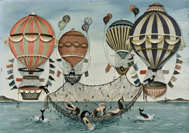 The painting by Ralph Eugene Cahoon Jr (American, 1910‱982), "Ballooning for Mermaids,†oil on Masonite, signed lower right, R. Cahoon Pinxt., 28 by 40 inches, realized $58,000.