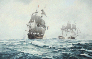 "The Action Between HM Frigates Indefatigable and Amazon and the French Droits de  l'homme off Ushant, 13th, Jan., 1797†by Derek Gardner, RSMA, did well at $54,625.