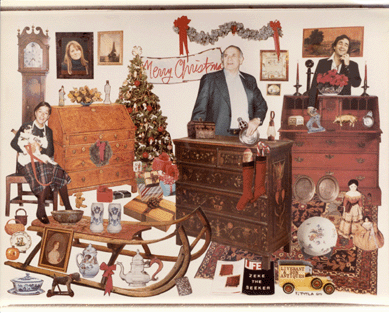 Christmas greetings from Nathan Liverant and Son, 1985, with Arthur behind the desk, Zeke behind the chest of drawers and Joanna by the tall case clock.