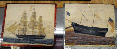 Two of the 17 silk trade banners from the Maine Charitable Mechanic Association. The hand painted banners were made by William Capen between 1820 and 1840; the front of each decorated with a scene from the trade and the reverse with a matching slogan. The banner on the left, a shipbuilders' banner decorated with a schooner under sail and "By Commerce We Live†emblazoned on the back, sold for $13,225. The next banner to be offered depicted the pump and block makers, mast and spar makers of the shipping industry. Decorated with a detailed depiction of a ship in building dock and "We Lay the Foundation of Commercial Enterprise†on the verso, it brought $31,050. The museums were the successful bidders on all 17 lots.