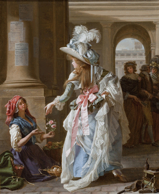 Michel Garnier, "A Fashionably Dressed Young Woman in the Arcade of the Palais Royal, Paris, "1787, oil on canvas, 18¼ by 15 inches. Collection of Lynda and Stewart Resnick; photo ©2010 Museum Associates/LACMA.