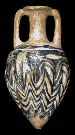The unguent bottle made in the Eastern Mediterranean area around 600 BC is of core-formed opaque white glass with a pulled herringbone decoration and applied handles. 