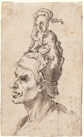 Jusepe de Ribera (1591‱652), "Head of a Man with Little Figures on His Head,†circa 1630, pen and ink with brush and brown wash over black chalk on paper, 6 11/16 by 46 1/16 inches, Philadelphia Museum of Art .