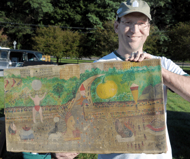 Andrew Malin, Riverboat Gambler Antiques, Congers, N.Y., with a folk art painting of a Thanksgiving Day parade.