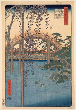 Utagawa Hiroshige, "Precincts of the Tenjin Shrine at Kameido†from the series "One Hundred Views of Famous Places in Edo (Meisho edo hyakkei),†1856.