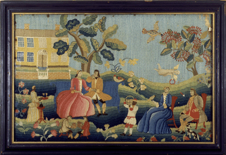 This crowd-pleasing, color-filled "Canvas-work with Chandler Home,†1758, was apparently made by a daughter of John Chandler Jr of Worcester, Mass., and Woodstock, Conn. Two courting couples, waited on by servants with food and drink, are arrayed in front of the Chandler home as the man at the right is about to be smitten by Cupid's arrow.