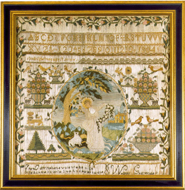 This delightful composition was worked by Wealthy Griswold in 1804. The alphabet, numbers, flowers, baskets, birds and trees are worked in cross stitch and the background completely filled in. The center vine-bordered oval depicts a playful shepherdess with garland looking over her sheep, while birds rest in a nearby tree and a house in the background fill out the landscape. The asymmetrical design of the elements surrounding the oval portion includes a crowned lion, a motif found on English samplers from the Eighteenth Century. The sampler features an unusual combination of oval picture and sampler surround with a difficult long-stitch filled background. It demonstrates Wealthy's skill with the needle. To date, only a few have been found from this group and evidence suggests they were made in the Northampton, Mass., area in the early Nineteenth Century. Silk, paper and ink on linen.