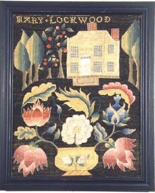 Even within the small group of similar mid-Eighteenth Century needlework pictures, Mary Lockwood's design sense is notable. There were several Mary Lockwoods born in Fairfield County, Conn., in the early to mid-1730s. Wool on linen. 