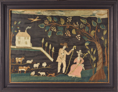 Polly Jennings created a delightful courting scene with shepherd and shepherdess in a landscape complete with sheep, cows and dog with a house spewing smoke from the chimney and a tree laden with grapes. Garden and pastoral scenes were romantic indulgences and often created in paint or needlework. Born in 1778, Polly Jennings was the daughter of Zephaniah Jennings and Phebe Trap of Norwich, Conn. Silk, paint, sequins and gold foil on black silk.