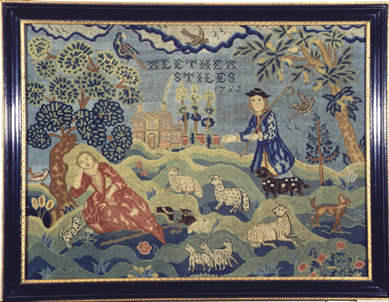 Playing off popular Seventeenth Century French prints of a "Reclining Shepherdess†with a shepherd nearby watching his sheep, this canvas work by Alethea Stiles, 1762, demonstrates skillful use of wool and silk on linen. Daughter of a minister in a distinguished family in Woodstock, Conn., Alethea executed this vivid picture when she was 17 and attending a Boston school.