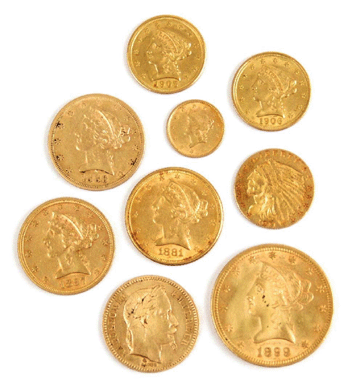 Nineteenth Century gold coins of various denominations were offered in the sale, including an 1899 $10 gold piece, lower right, which sold for $660. 