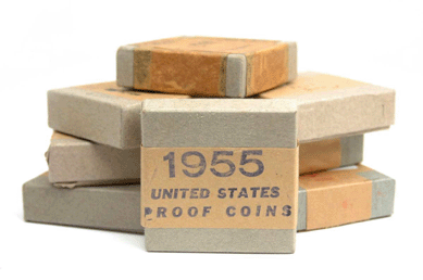 Of these unopened US proof sets from the early 1950s, a set minted in 1950 sold for $660, while a 1955 set made $176. 