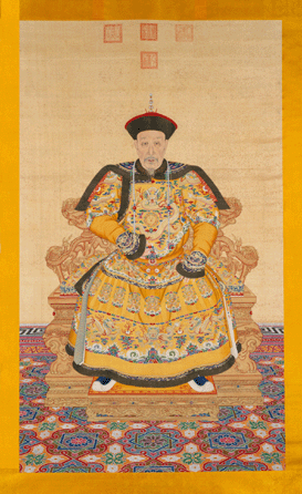 The highly detailed portrait of the Qianlong emperor in yellow robes was executed in ink and colors on ink.