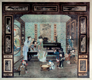 A trompe l'oeil mural depicting three women with seven children at play as an attendant makes tea. 