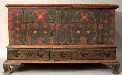 A circa 1790 Berks County paint decorated dower chest was also sold at the auction. The chest featured a colorful green and red painted heart and flower motif and achieved $8,475.