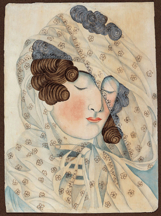 Attributed to Emily Eastman (1804‱841), "Woman in Veil, Loudon, New Hampshire,†circa 1825, watercolor and ink on paper; 14 9/16 by 10 5/8 inches; collection of American Folk Art Museum, New York, promised gift of Ralph Esmerian. Photo ©2000 John Bigelow Taylor, New York