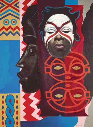In her memorable "Ubi Girl from Tai Region,†1972, Jones combined Western portraiture with African symbols. She said she drew "on three motifs †patterns from different parts of Africa that stem from their genius for such work, the beauty of a profile, which I actually took from a piece of sculpture, and the realistic head of a Ubi girl being prepared for initiation in a fertility ritual.†©Courtesy, Museum of Fine Arts, Boston.
