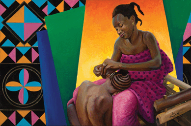 "Mere du Senegal,†1985, is both a celebration of African motherhood and hairstyles and a showcase for colorful native motifs at the left. This Jones acrylic on canvas measures 24 by 36 inches. Courtesy of the Lois Mailou Jones Pierre-Noel Trust.